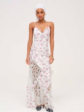 For Love & Lemons Rosalyn Dress - White with Pink Floral Maxi